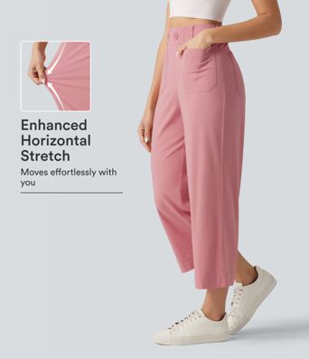 Pantalon large fluide court décontracté taille haute en lin stretch avec poches