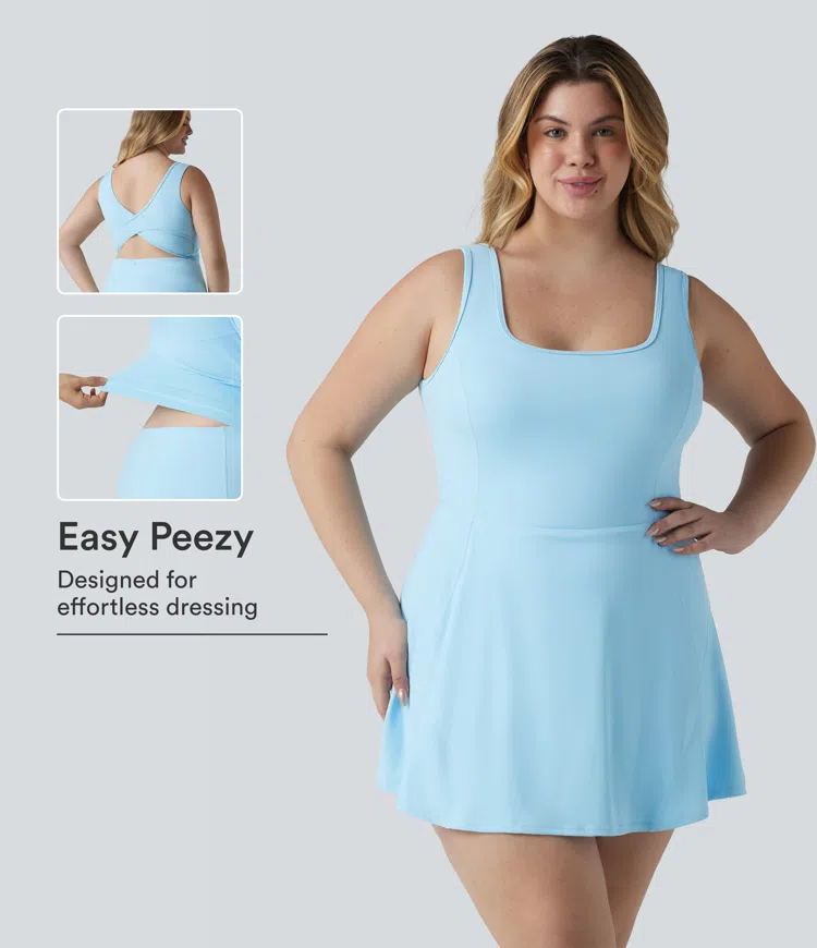 Plus Size SoftlyZero™ Airy U Neck Built-in Bra 2-in-1 InstantCool Mini Yoga Active Dress with Pockets-Easy Peezy Edition