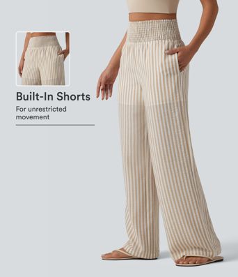 High Waisted Shirred 2-in-1 Straight Leg Stripe Casual Linen-Feel Trousers with Pockets