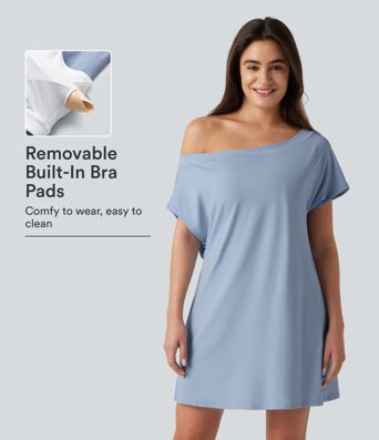 SoftlyZero™ Airy One Shoulder Short Sleeve Built-in Bra Cool Touch Mini Casual Dress