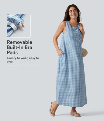 Casual, sleeveless, round-neck midi tank dress with built-in bra in gingham crinkle fabric with pockets