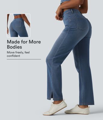 Jean droit décontracté Halara Flex™ galbe taille haute avec fente et poches