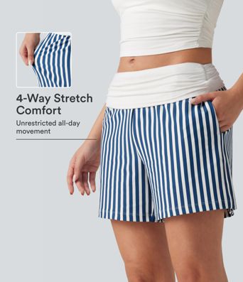 Short ample taille basse froncé à rayures avec poches, style vacances