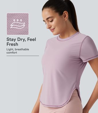 Haut de sport yoga col rond manches courtes ourlet arrondi en mesh respirant