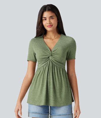 V Neck Short Sleeve Built-in Bra Casual Top