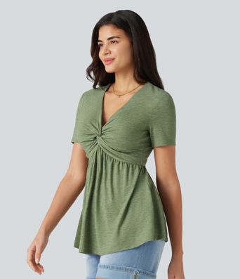 V Neck Short Sleeve Built-in Bra Casual Top