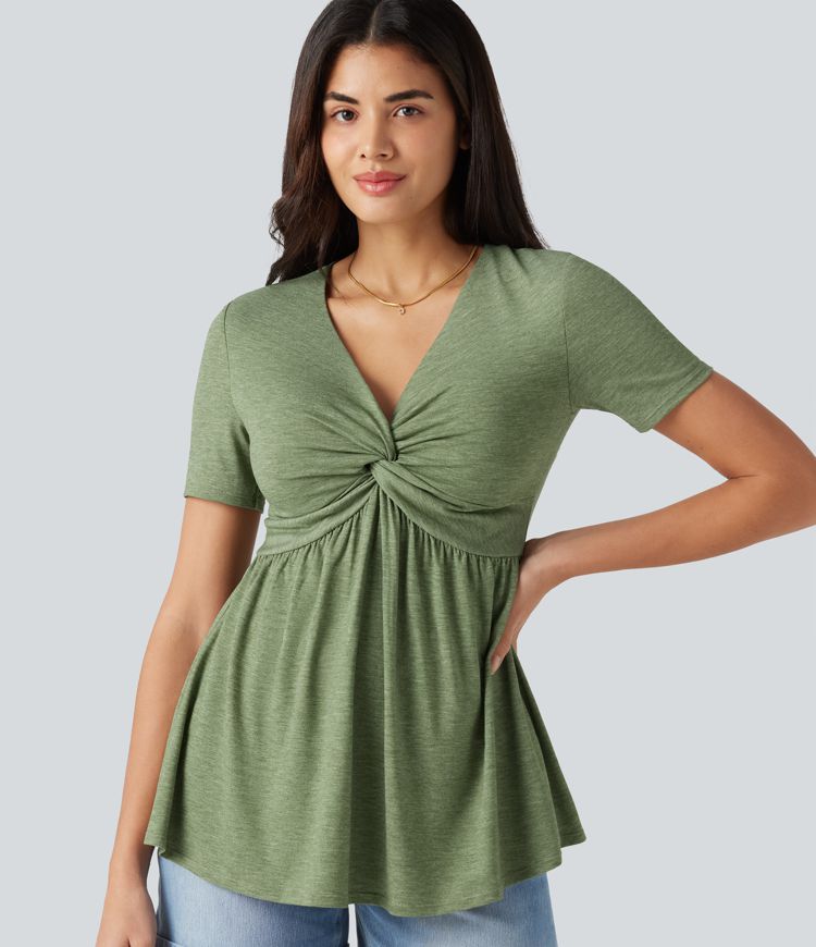 V Neck Short Sleeve Built-in Bra Casual Top