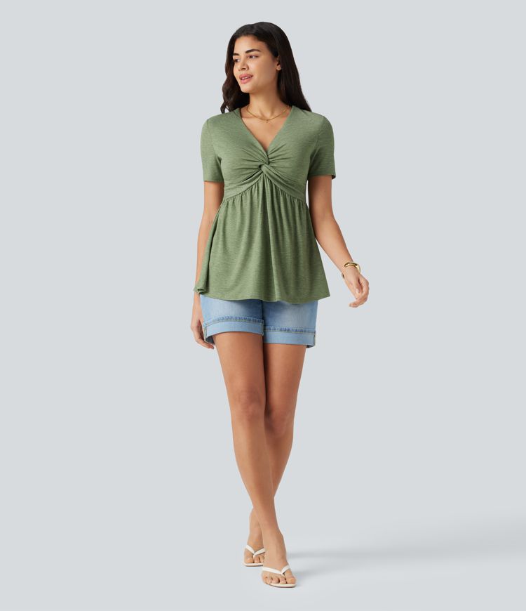 V Neck Short Sleeve Built-in Bra Casual Top