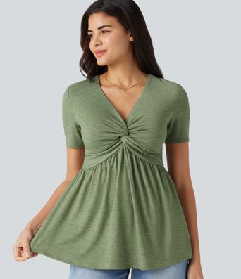 V Neck Short Sleeve Built-in Bra Casual Top