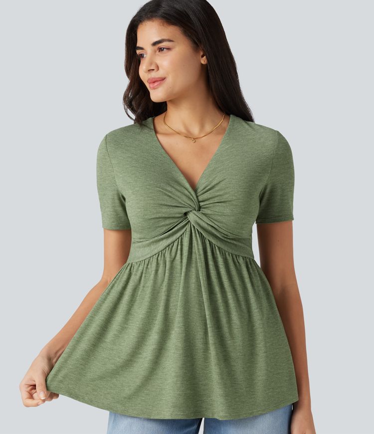 V Neck Short Sleeve Built-in Bra Casual Top