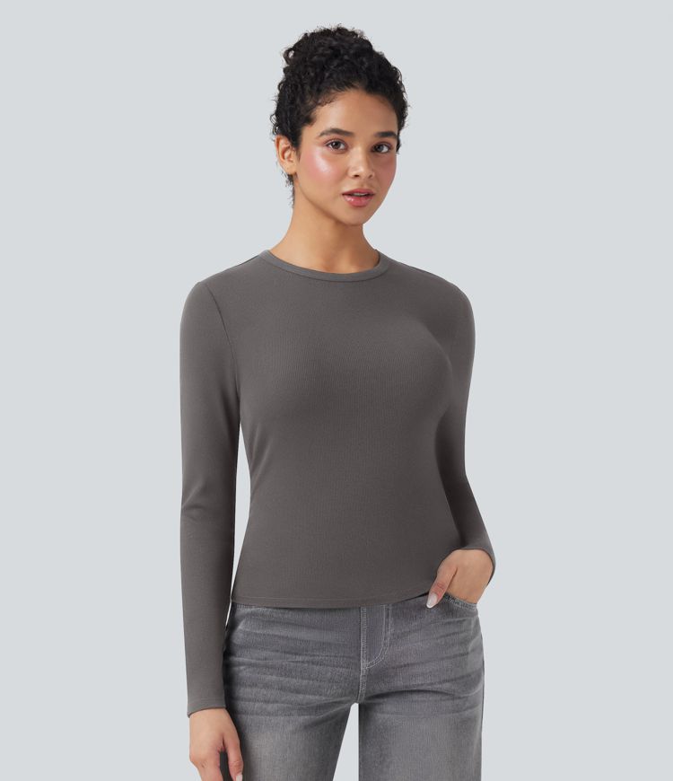 Ribbed Knit Round Neck Long Sleeve Casual Top