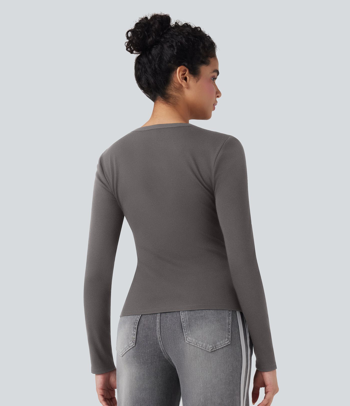 Ribbed Knit Round Neck Long Sleeve Casual Top