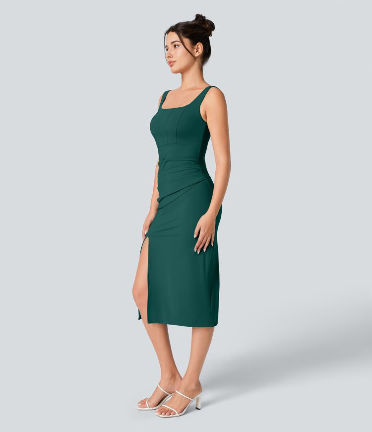 SoftlyZero™ Airy Square Neck Backless Corset Ruched Split Bodycon Midi InstantCool Bridesmaid and Wedding Guest Dress