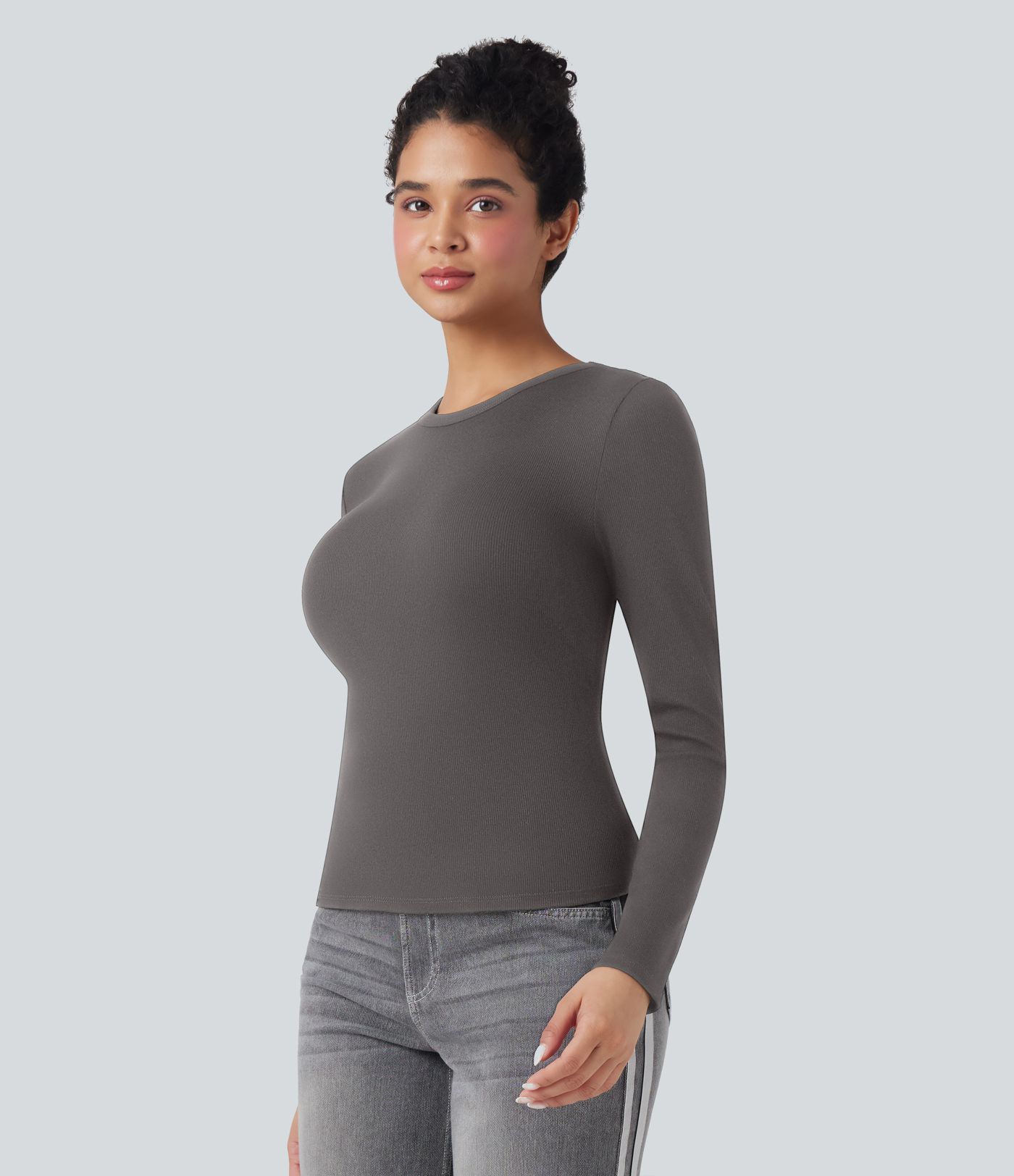 Ribbed Knit Round Neck Long Sleeve Casual Top
