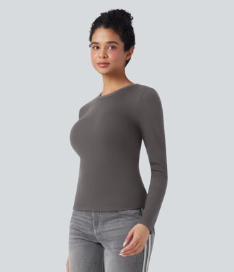 Ribbed Knit Round Neck Long Sleeve Casual Top
