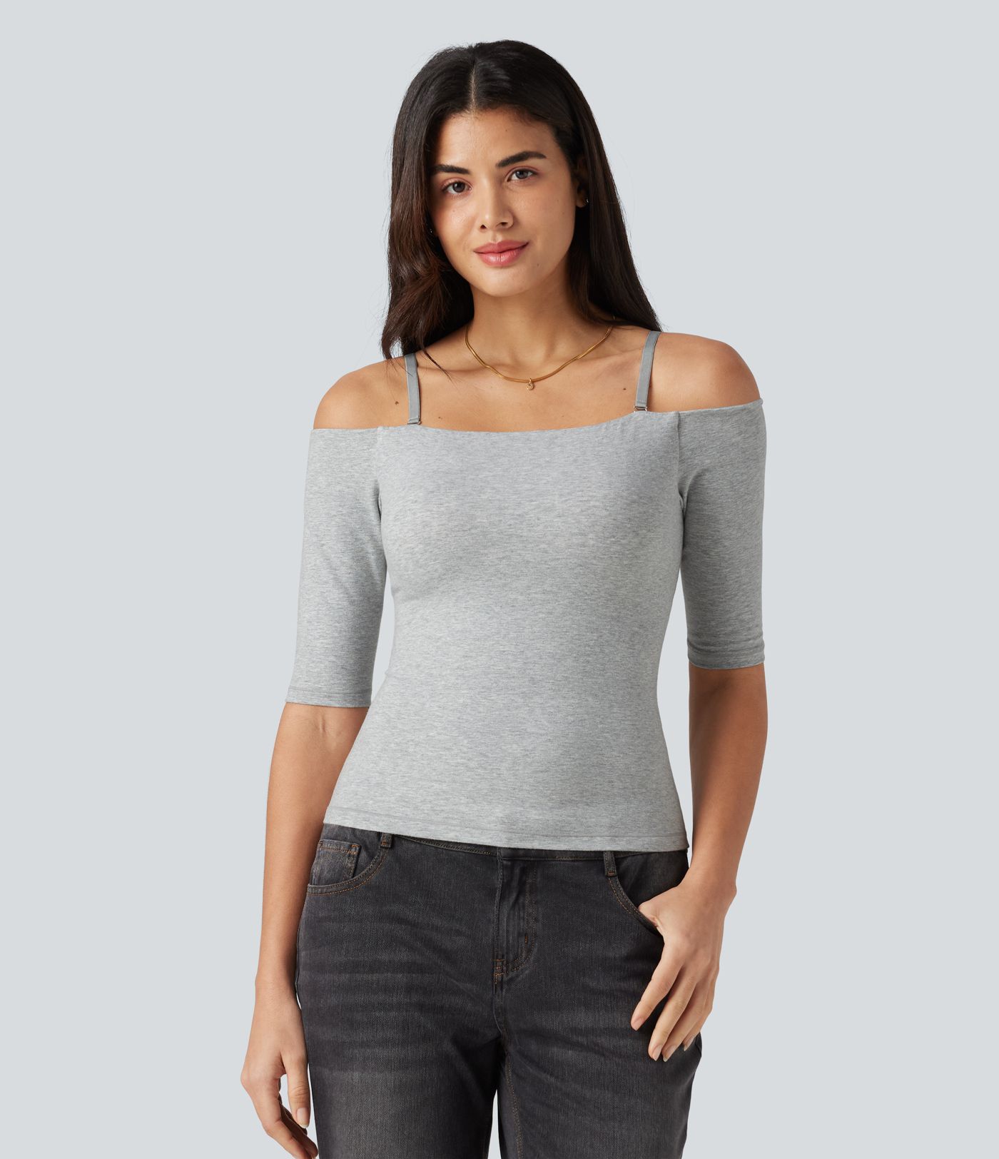Halara Cotton Jersey Off-Shoulder Removable Straps Half Sleeve Built-in Bra Casual T-Shirt B-DD Cups