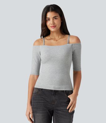 Halara Cotton Jersey Off-Shoulder Removable Straps Half Sleeve Built-in Bra Casual T-Shirt B-DD Cups
