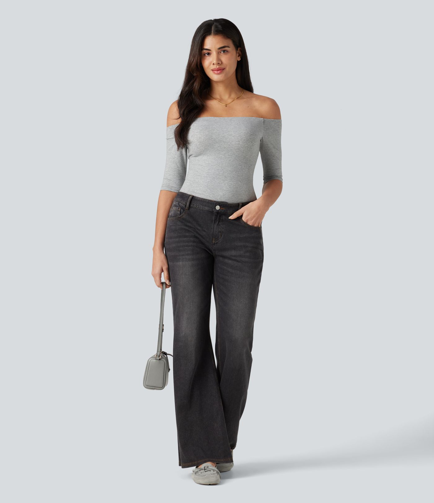Halara Cotton Jersey Off-Shoulder Removable Straps Half Sleeve Built-in Bra Casual T-Shirt B-DD Cups
