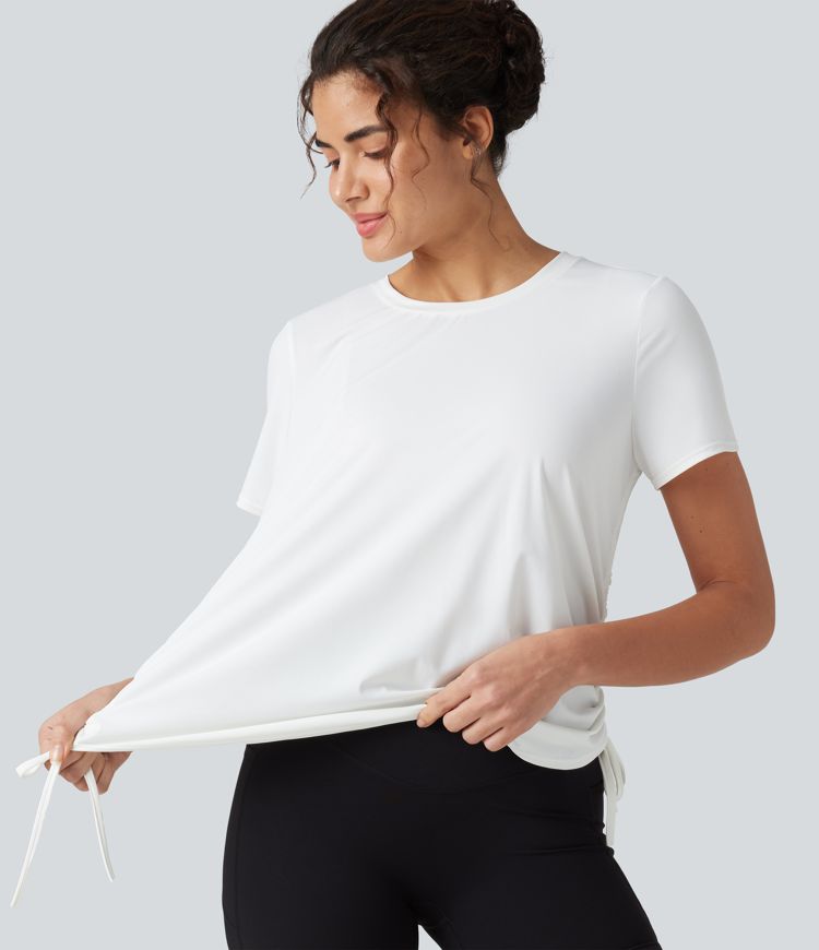 Round Neck Short Sleeve Drawstring Hem Cool Touch Quick Dry Workout Sports Top