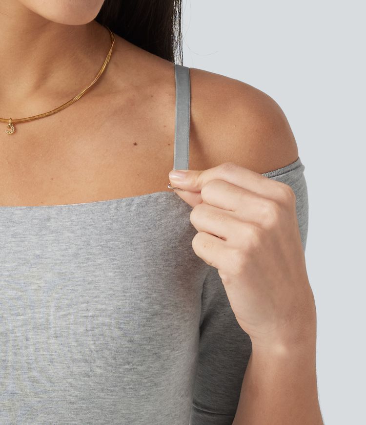 Halara Cotton Jersey Off-Shoulder Removable Straps Half Sleeve Built-in Bra Casual T-Shirt B-DD Cups