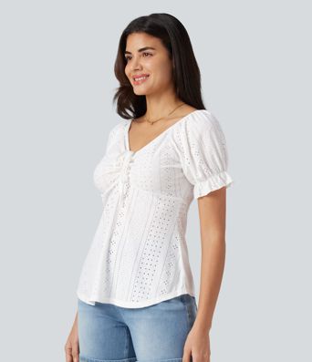 Blouse décontractée col V manches courtes bouffantes lacée ajourée