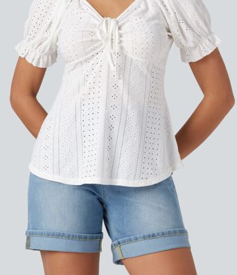 Blouse décontractée col V manches courtes bouffantes lacée ajourée