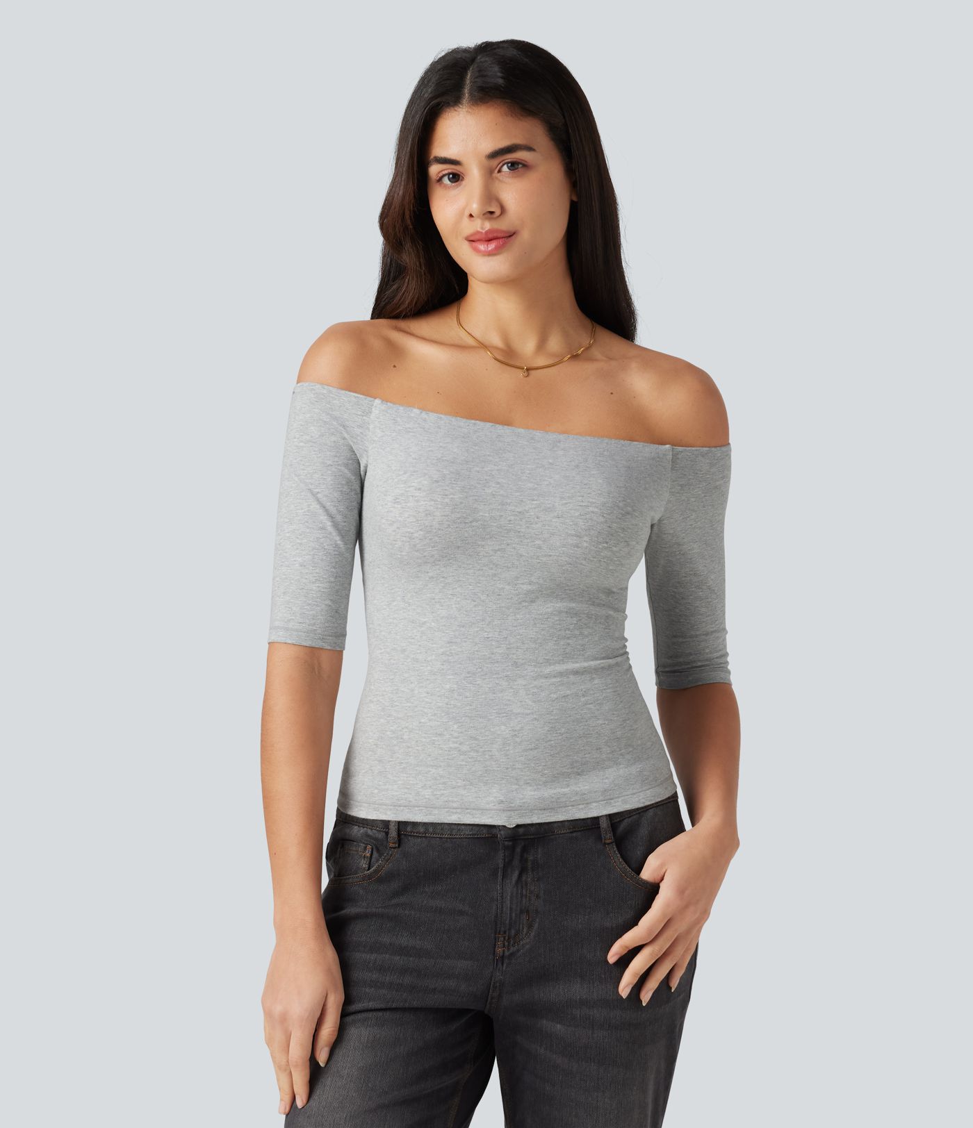 Halara Cotton Jersey Off-Shoulder Removable Straps Half Sleeve Built-in Bra Casual T-Shirt B-DD Cups
