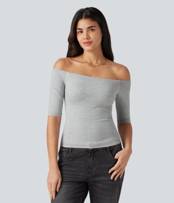Halara Cotton Jersey Off-Shoulder Removable Straps Half Sleeve Built-in Bra Casual T-Shirt B-DD Cups