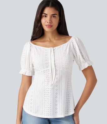 Blouse décontractée col V manches courtes bouffantes lacée ajourée