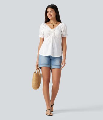 Blouse décontractée col V manches courtes bouffantes lacée ajourée