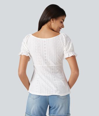Blouse décontractée col V manches courtes bouffantes lacée ajourée