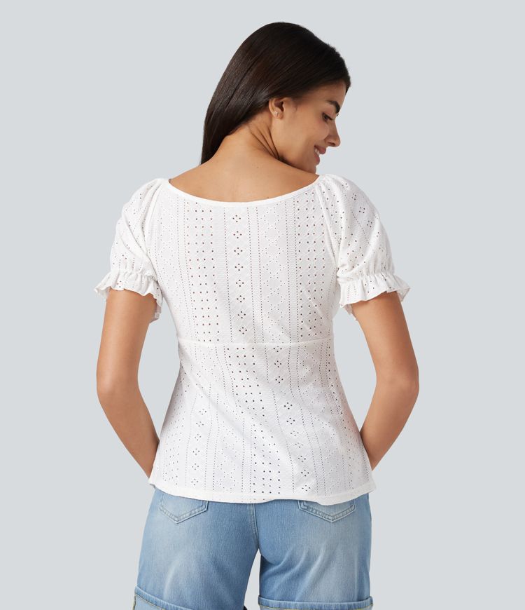 Blouse décontractée col V manches courtes bouffantes lacée ajourée