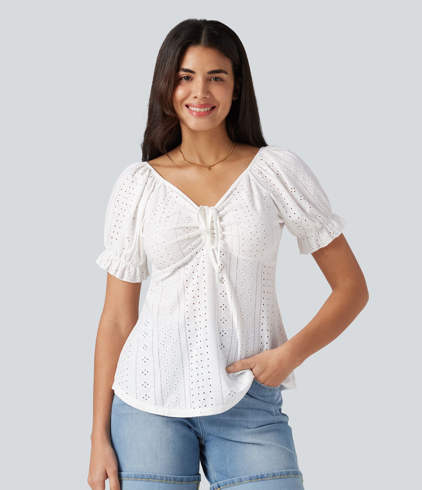 Blouse décontractée col V manches courtes bouffantes lacée ajourée