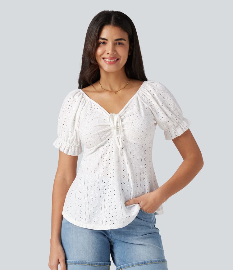 Blouse décontractée col V manches courtes bouffantes lacée ajourée