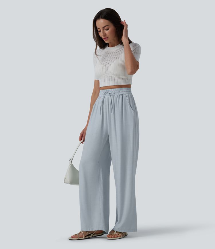Pantalon casual large mélange lin taille haute avec cordon de serrage et poches
