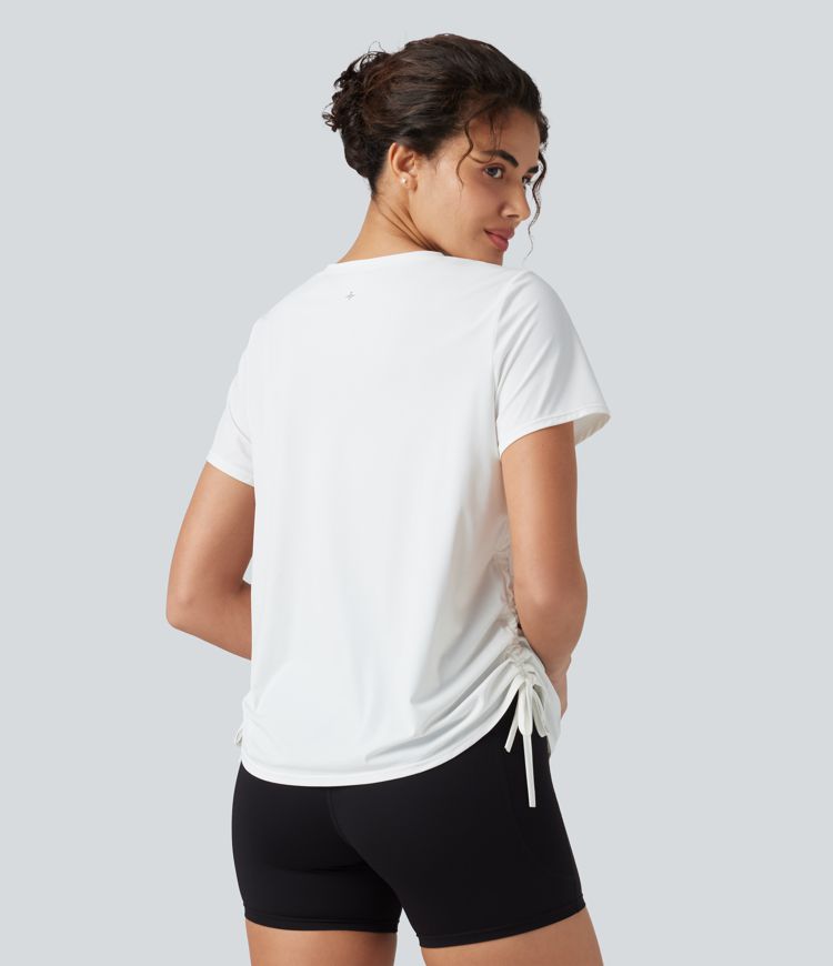 Round Neck Short Sleeve Drawstring Hem Cool Touch Quick Dry Workout Sports Top