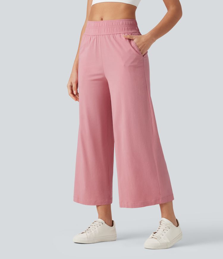 Mid Rise 7/8 Casual Stretch Linen Baggy Pants with Pockets