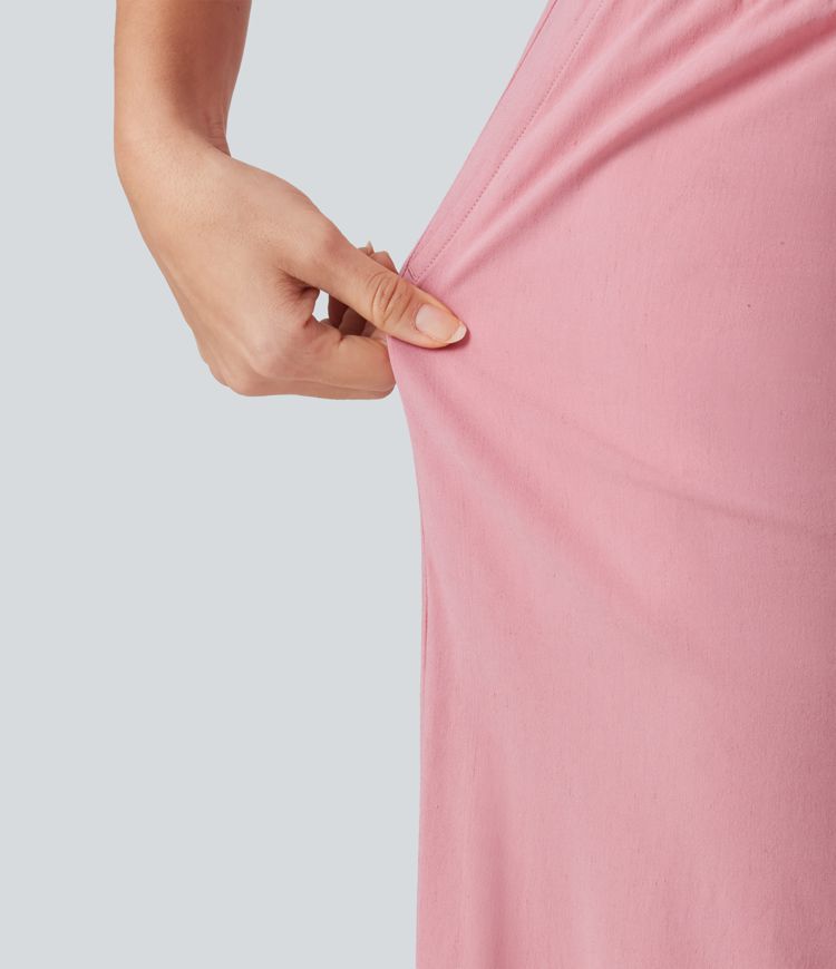 Mid Rise 7/8 Casual Stretch Linen Baggy Pants with Pockets