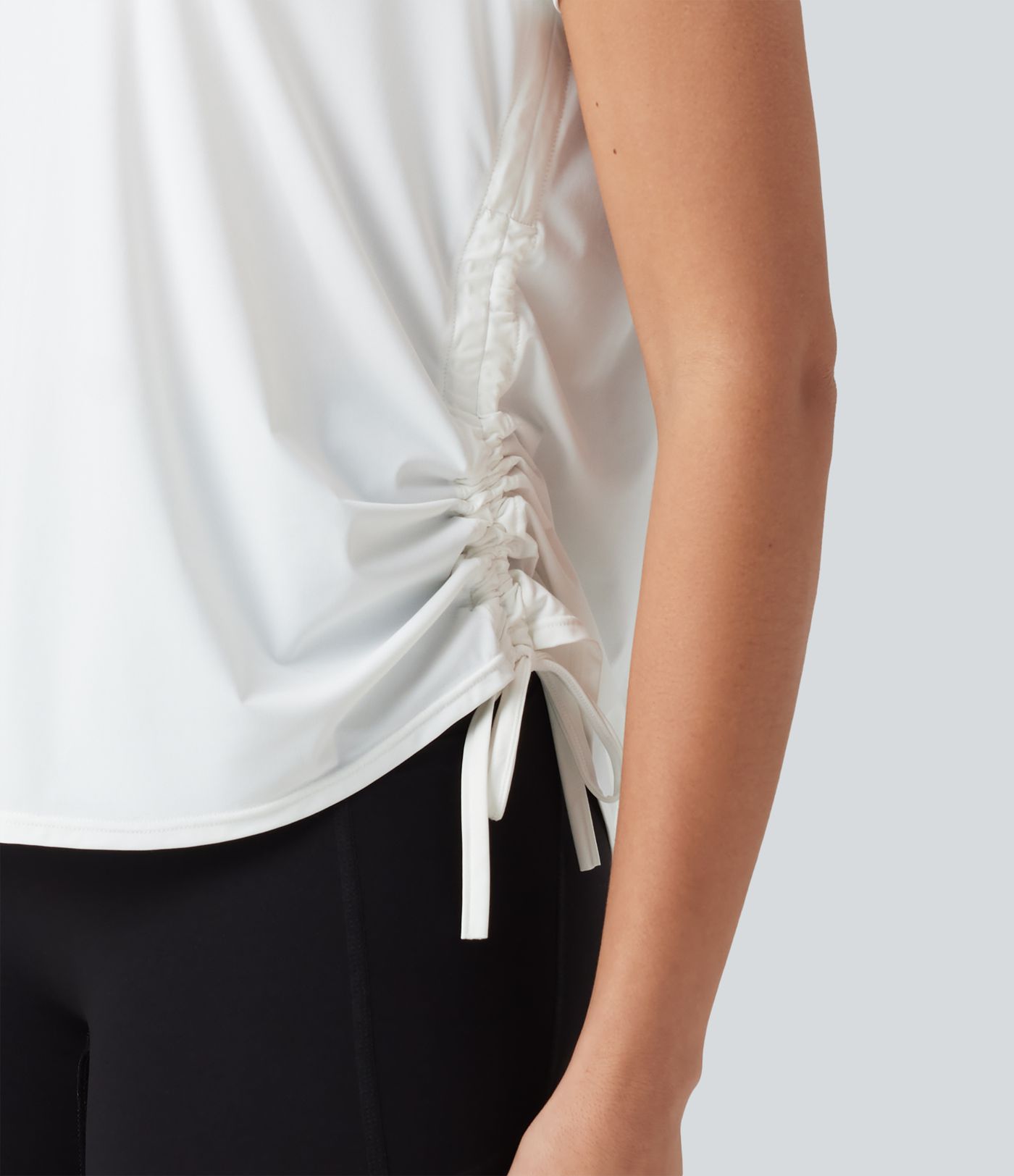 Round Neck Short Sleeve Drawstring Hem Cool Touch Quick Dry Workout Sports Top