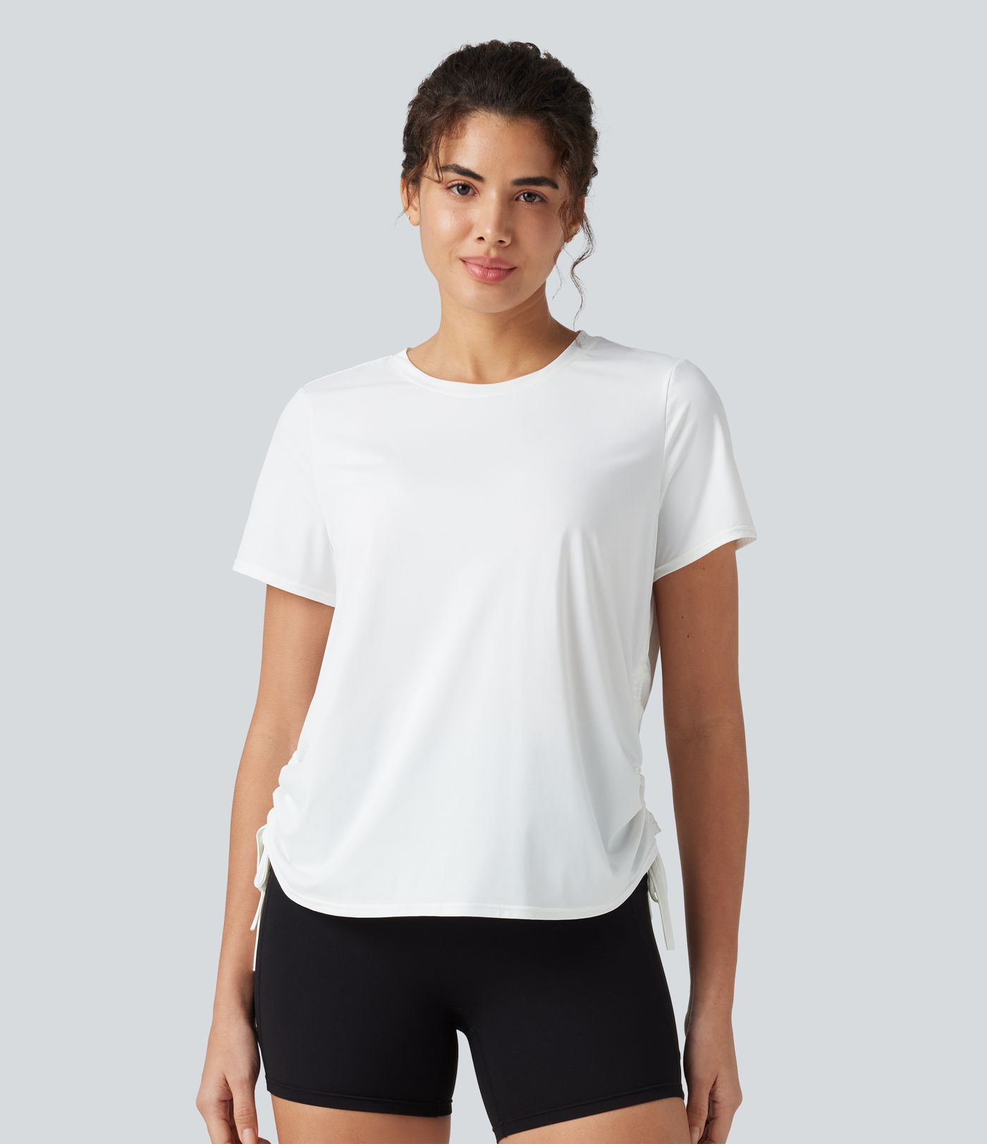 Round Neck Short Sleeve Drawstring Hem Cool Touch Quick Dry Workout Sports Top