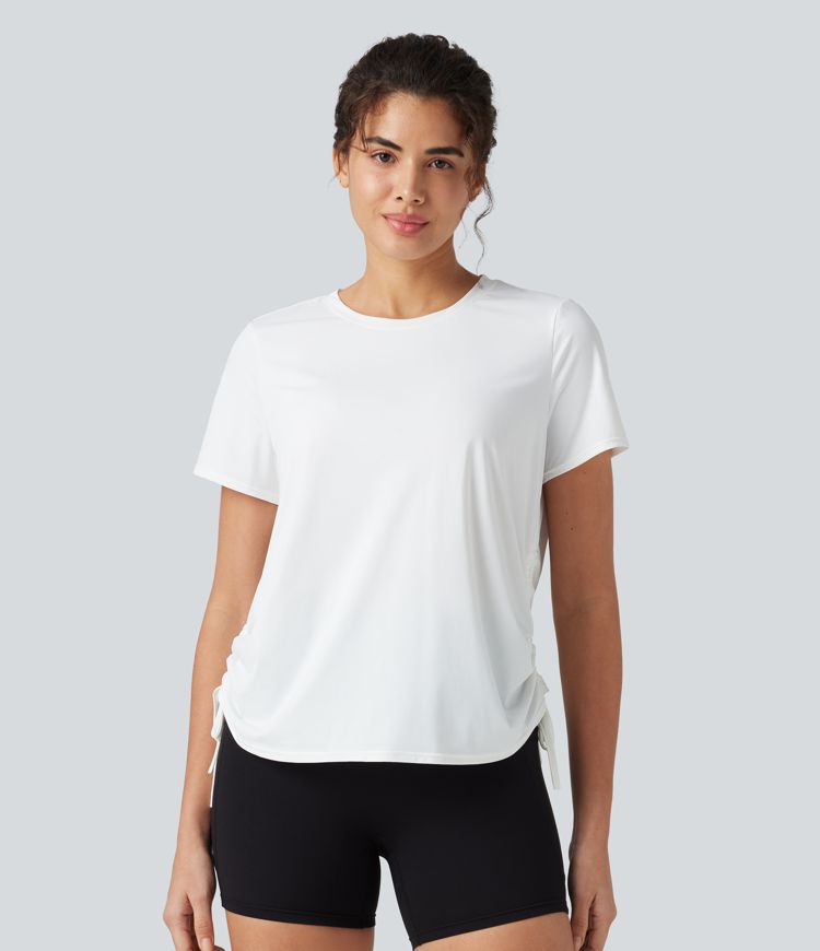 Round Neck Short Sleeve Drawstring Hem Cool Touch Quick Dry Workout Sports Top