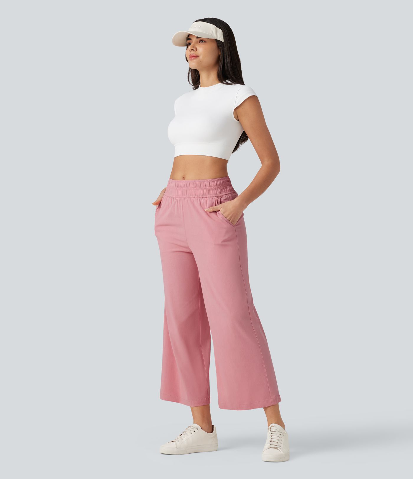 Mid Rise 7/8 Casual Stretch Linen Baggy Pants with Pockets