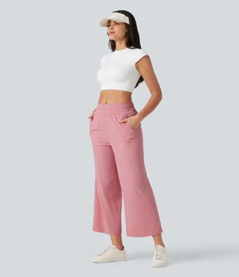 Mid Rise 7/8 Casual Stretch Linen Baggy Pants with Pockets