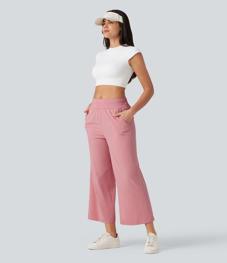 Mid Rise 7/8 Casual Stretch Linen Baggy Pants with Pockets