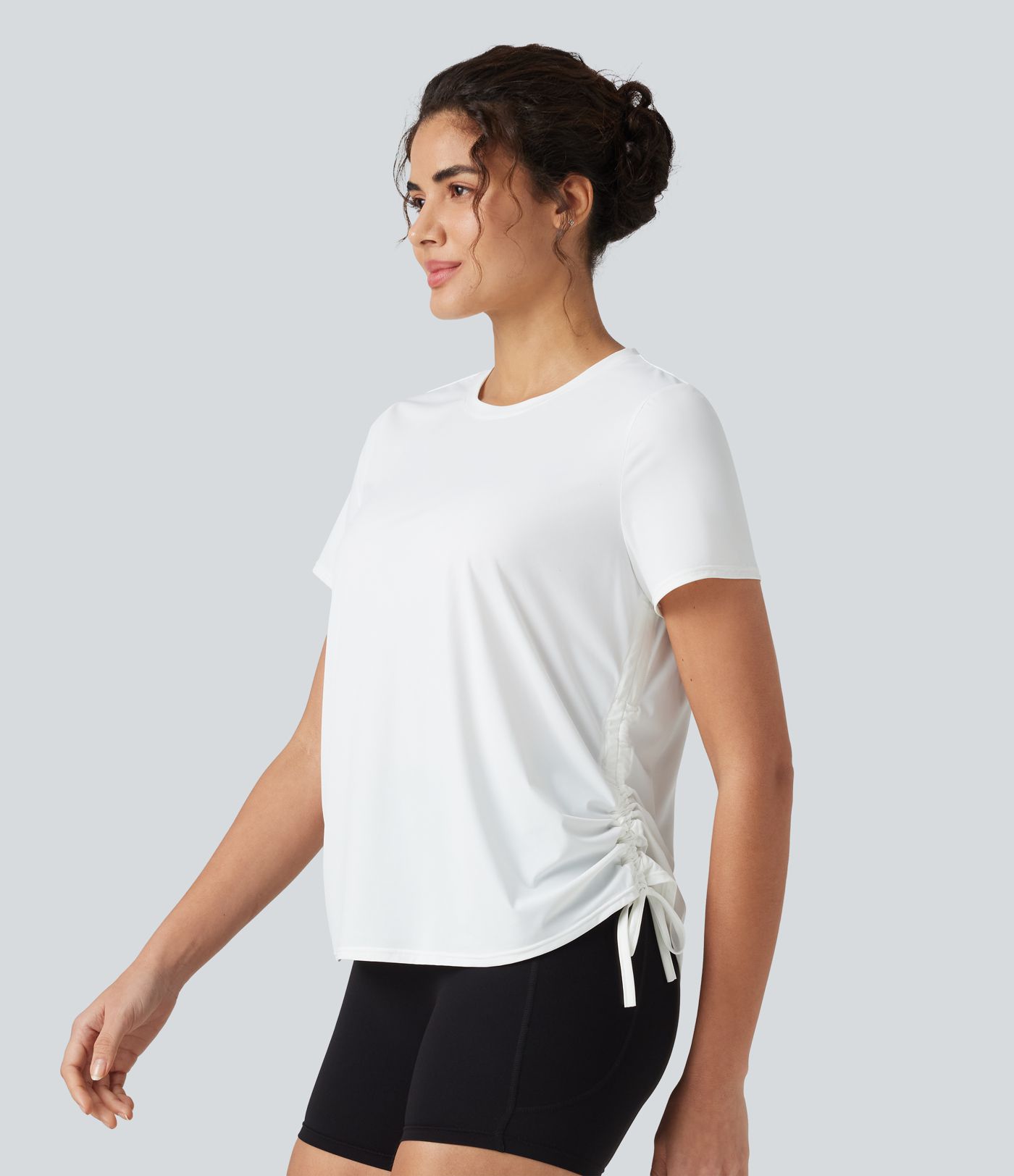 Round Neck Short Sleeve Drawstring Hem Cool Touch Quick Dry Workout Sports Top