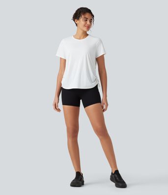 Round Neck Short Sleeve Drawstring Hem Cool Touch Quick Dry Workout Sports Top