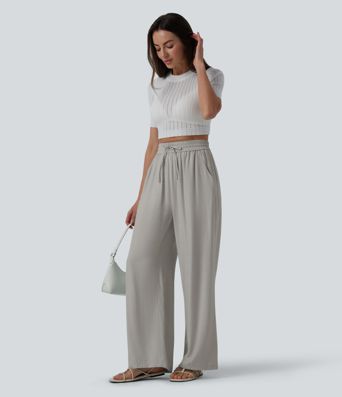 Pantalon casual large fluide mélange lin taille haute avec cordon de serrage et poches