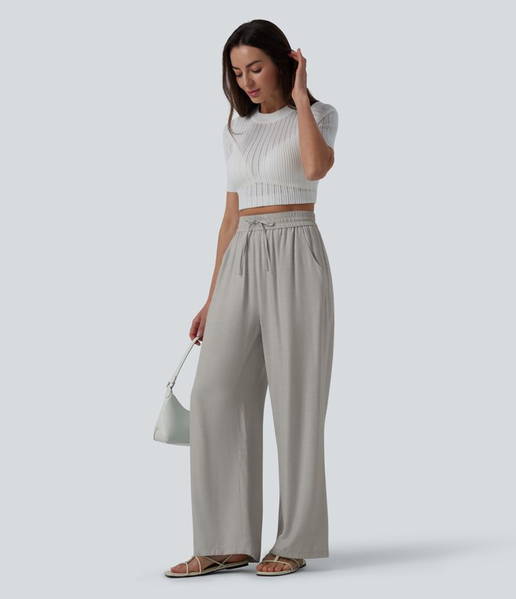 Pantalon casual large fluide mélange lin taille haute avec cordon de serrage et poches