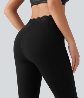 Halara UltraSculpt™ V-Shaped High Waisted Contrast Lace Bootcut Yoga Leggings with Pockets