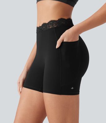 Short de yoga cycliste Halara UltraSculpt™ en dentelle contrastée taille haute et coupe en V, 12,5 cm, avec poches